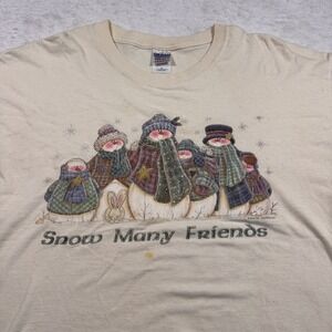 Gildan Mindy Cain Snow Many Friends Snowman Graphic T-Shirt Cream Mens XL